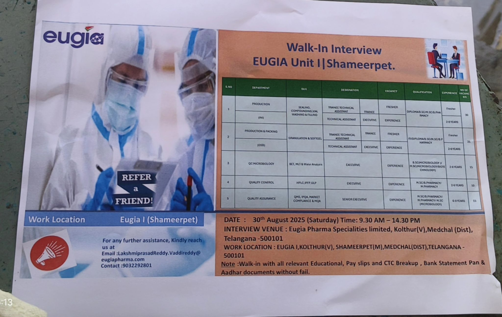 Eugia Pharma Walk-in Interview – Shameerpet, Telangana (August 2025)