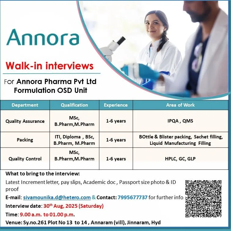 Annora Pharma Walk-in Interview for QA, QC, and Packing – Hyderabad, August 2025