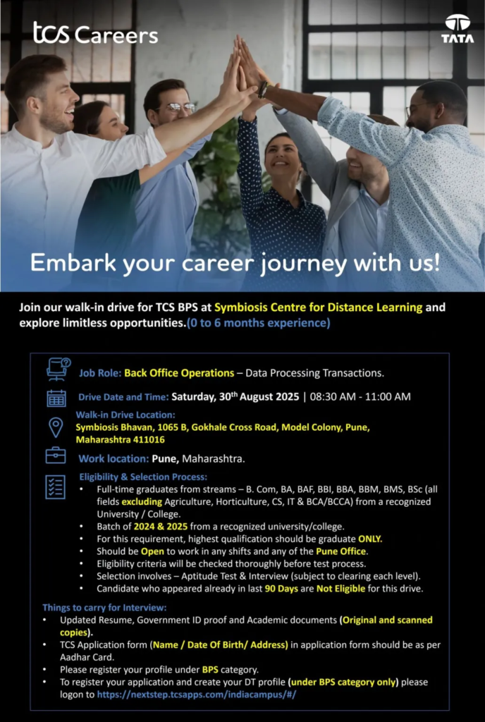 TCS BPS Walk-in Drive for Back Office Operations – Data Processing Transactions – August 2025