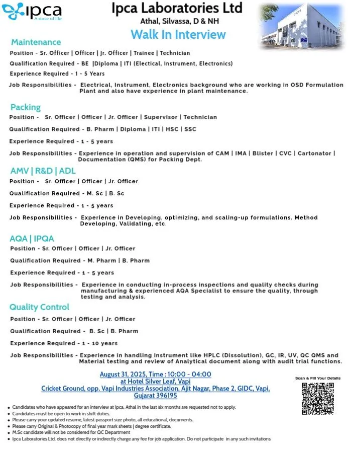 Ipca Laboratories Walk-In Interview for Various Pharma Roles on 31st August
