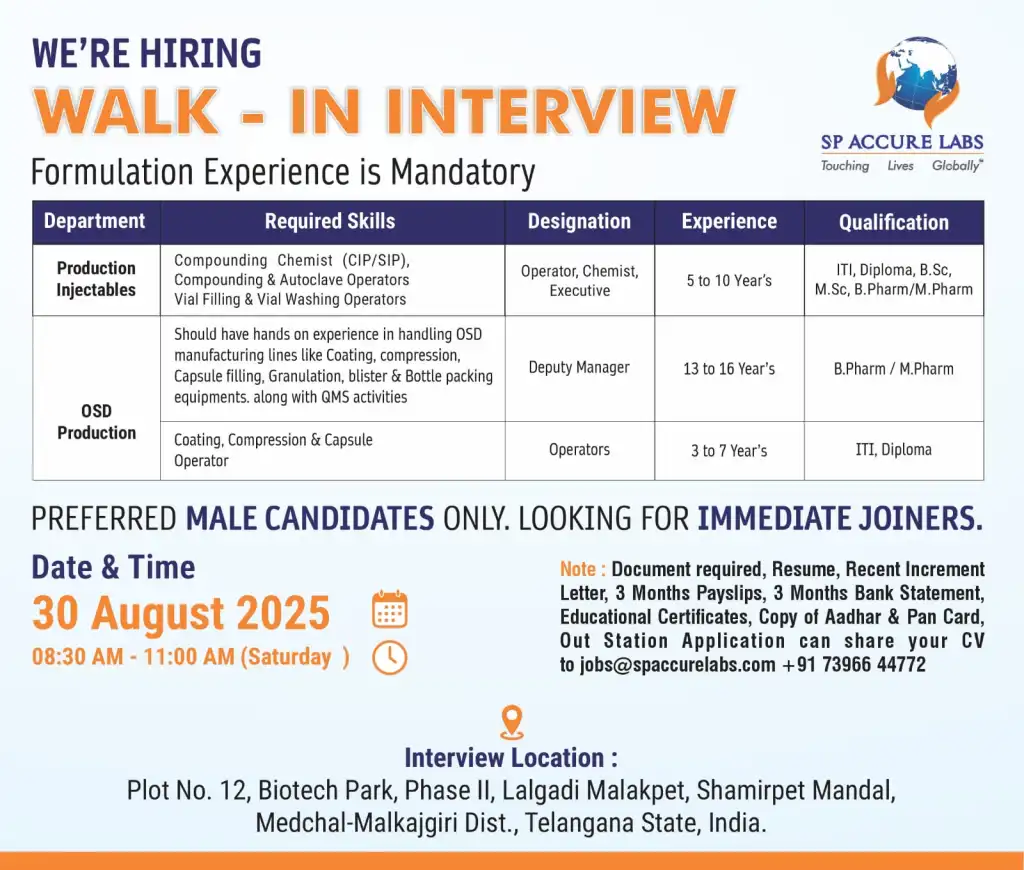 SP Accure Labs Walk-In Interviews for Pharmaceutical Professionals on 30th August