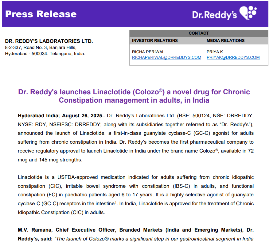 Dr. Reddy Press Release