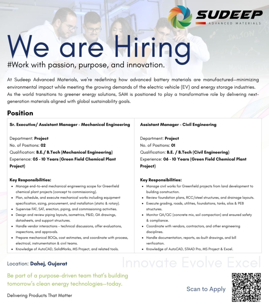 Sudeep Advanced Materials Hiring in Dahej, Gujarat – Mechanical & Civil Engineering Jobs