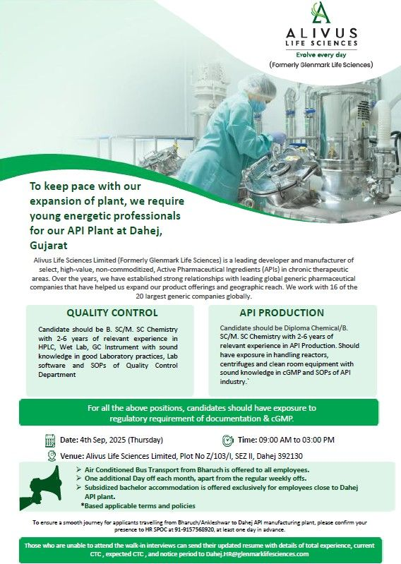 Alivus Life Sciences Walk-in Interview – API Production and Quality Control Jobs on 4th September