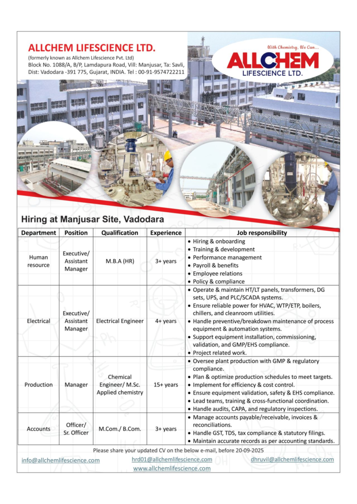 Allchem Lifescience Ltd Hiring – HR Executive, Electrical Engineer, Production Manager & Accounts Officer Jobs in Vadodara