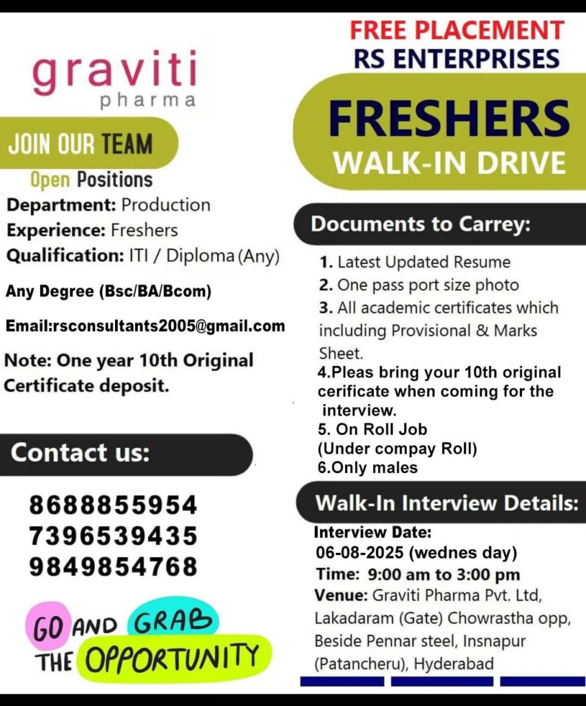 Graviti Pharma Walk-In Interview for Freshers in Production on 6th August 2025