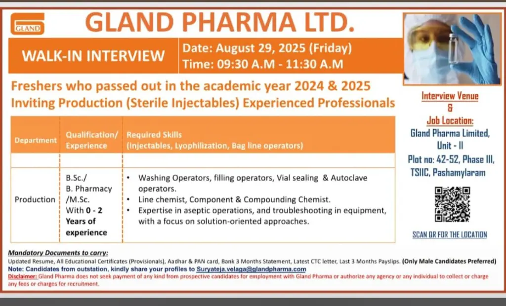 Gland Pharma Ltd. – Walk-In Interview for Freshers & Experienced Professionals on 29th August