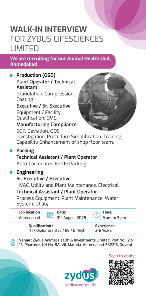 Zydus Lifesciences Limited – Walk-In Interview for Production, Engineering and Packing Roles (31st August 2025)