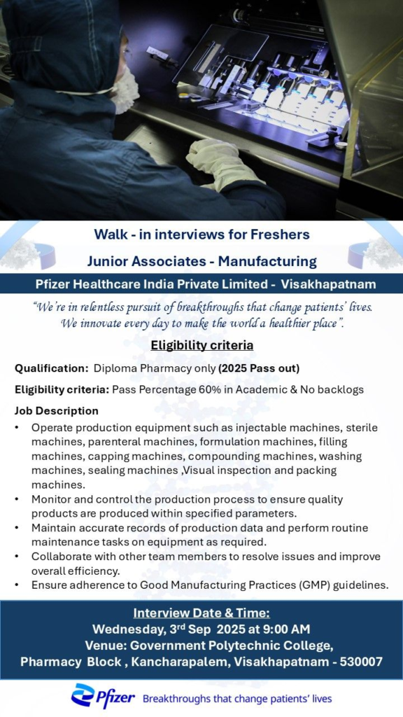 Pfizer Healthcare India – Walk-In Interview for Freshers (3rd September 2025)