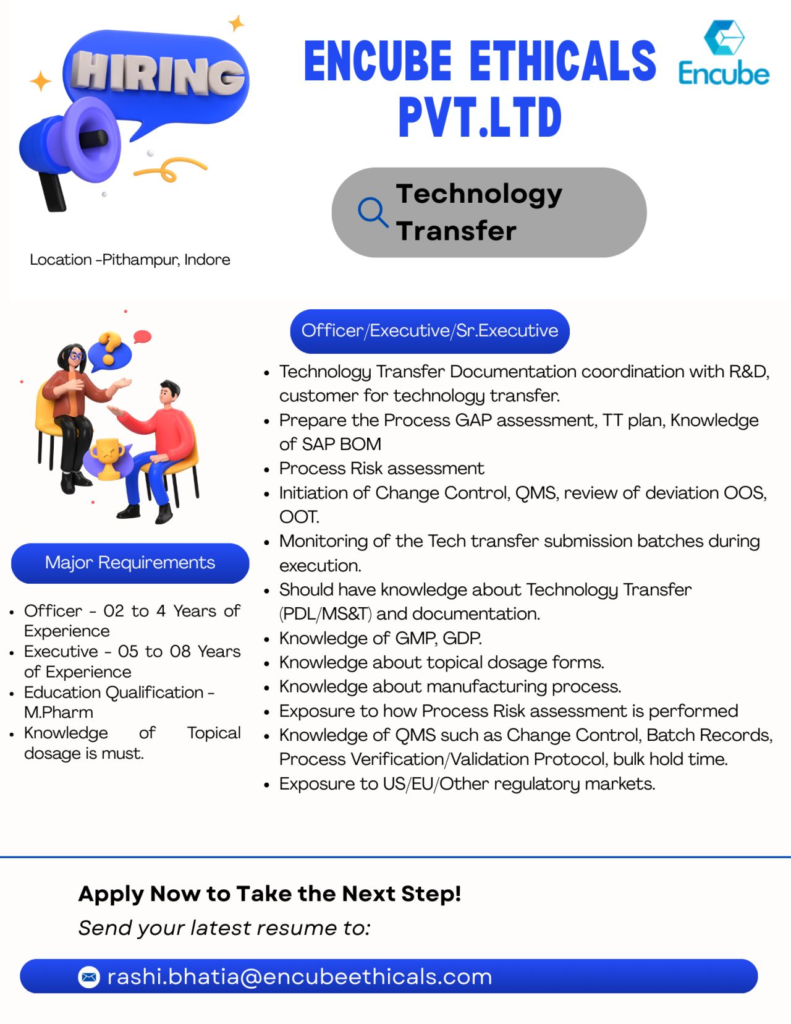 Encube Ethicals Hiring – Technology Transfer Roles in Pithampur, Indore
