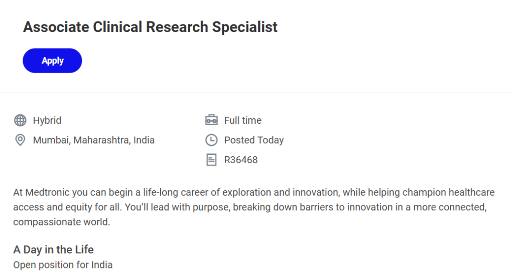 Medtronic Hiring Freshers – Associate Clinical Research Specialist in Mumbai