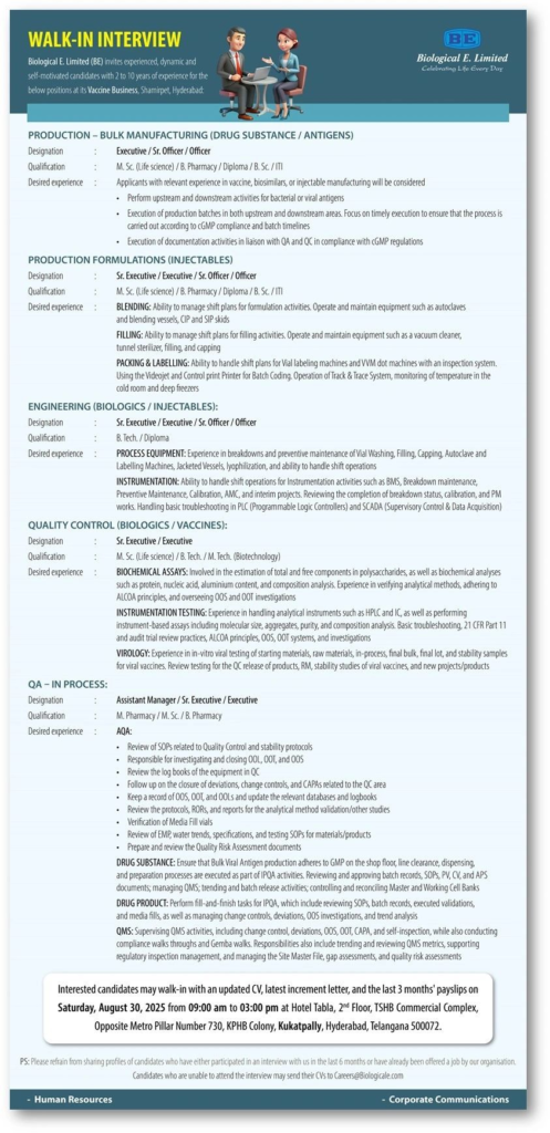 Biological E. Limited Walk-In Interview – Production, QC, QA & Engineering (30th August 2025)