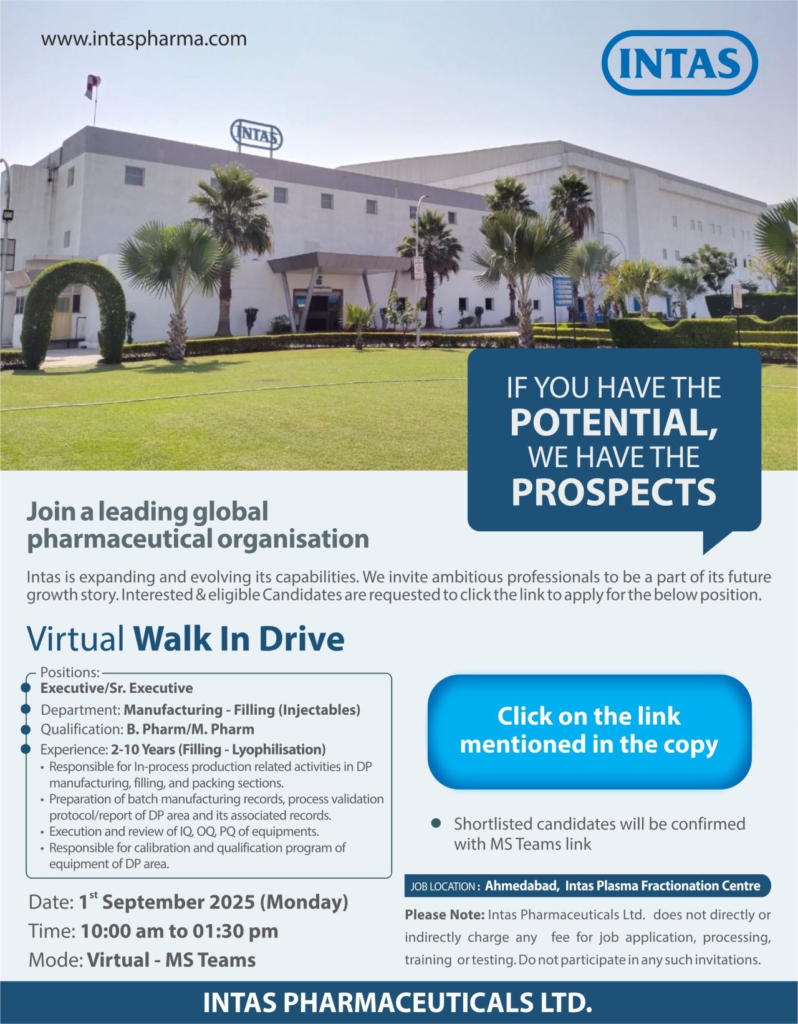 Intas Pharmaceuticals Virtual Walk-In Drive – Executive and Sr. Executive (Injectables) on 1st September