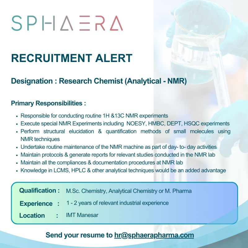 Sphaera Pharma Recruitment 2025 – Research Chemist (Analytical - NMR)