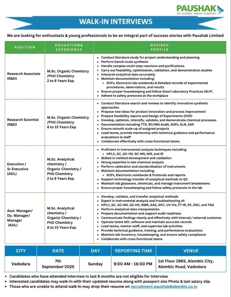 Paushak Limited Walk-in Interview 2025 – R&D and ADL Openings (7th September)