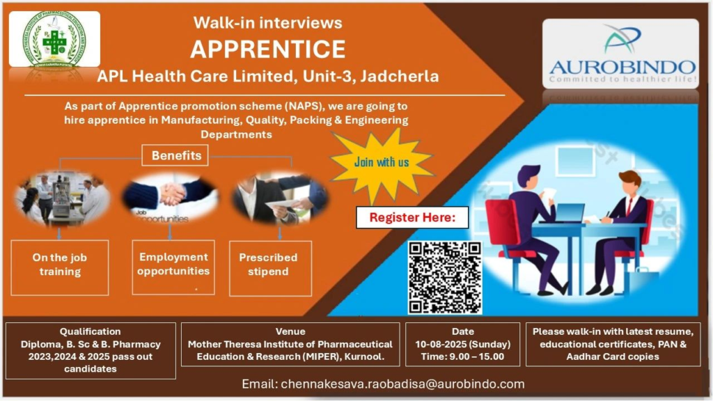 Aurobindo Pharma Ltd (APL Health Care Limited) Apprentice for Diploma, B.Sc., or B.Pharmacy Candidates