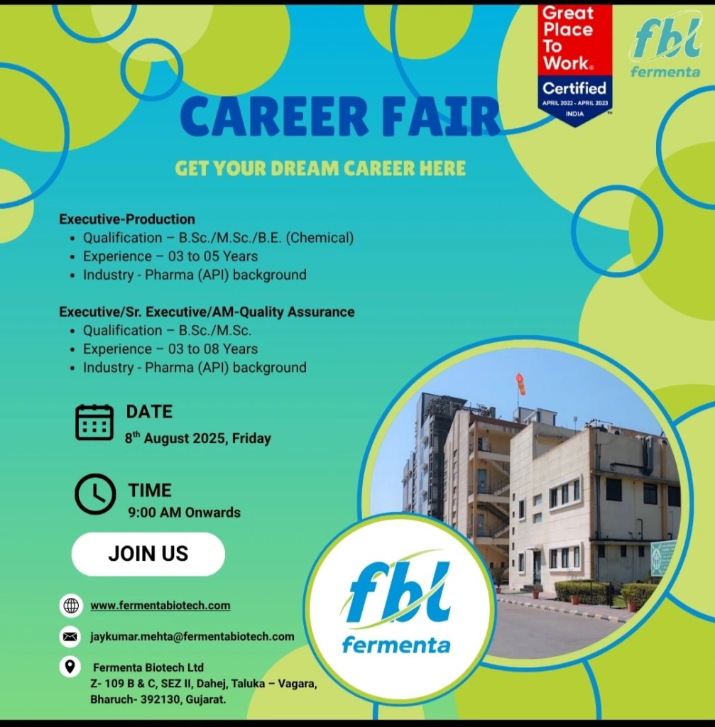 Fermenta Biotech Limited Walk-In Interviews for API Production & Quality Assurance on 8th August 2025