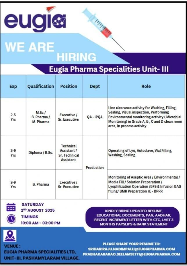 Eugia Pharma Specialities Walk-In Interviews for QA and Production Roles on 2nd August