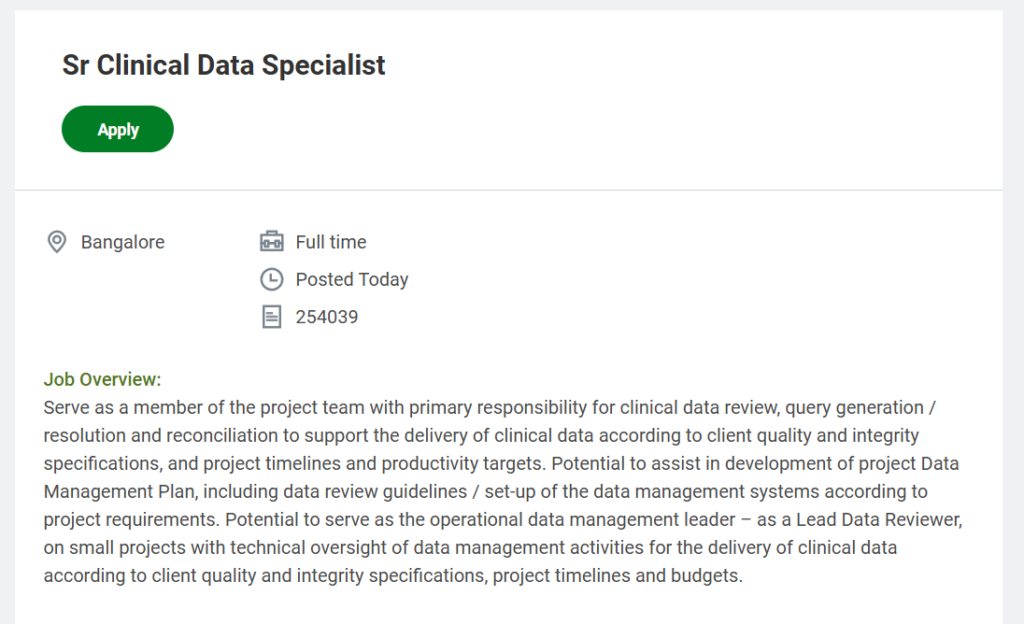 Fortrea Senior Clinical Data Specialist Job Vacancy in Bangalore Apply Now!