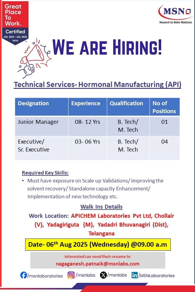 MSN Laboratories Walk-In Interviews in Telangana on 6th August