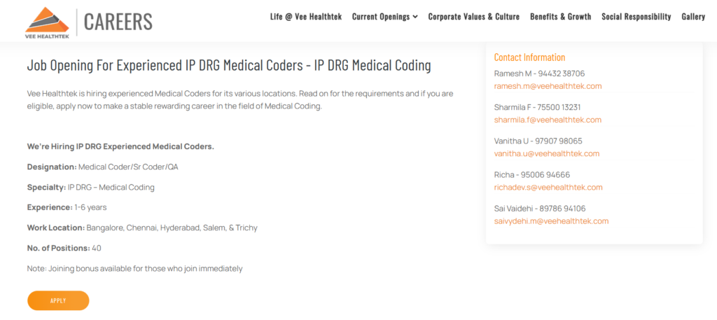 Vee Healthtek - 40 IP DRG Medical Coder Vacancy Apply Now in Bangalore, Chennai, Hyderabad, Salem, & Trichy