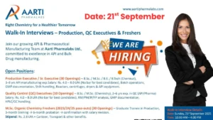 Aarti Pharmalabs Walk-In Interviews for API Manufacturing Careers in Maharashtra on 21st Sep