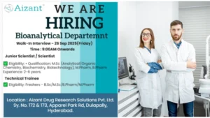 Aizant Drug Research Solutions Walk-In Interviews for Bioanalytical Roles on 27th September