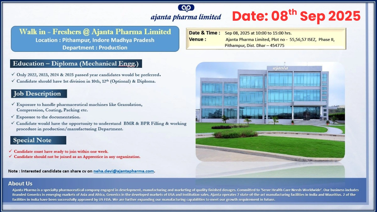 Ajanta Pharma Limited Walk-in Interview for Freshers – Production Department (8th September)