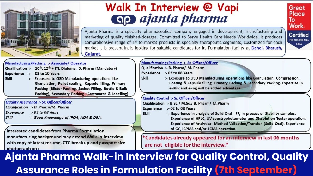 Ajanta Pharma Walk-in Interview for Quality Control, Quality Assurance Roles in Formulation Facility (7th September)