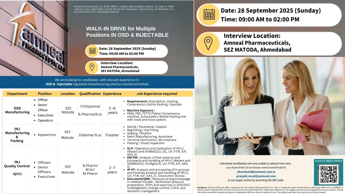 Amneal Pharmaceuticals Walk-in Interviews for OSD & Injectable Roles on 28th September