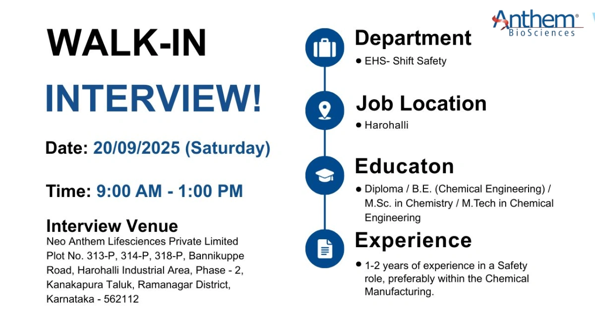Anthem Biosciences Limited Join Our EHS – Shift Safety Team in Harohalli