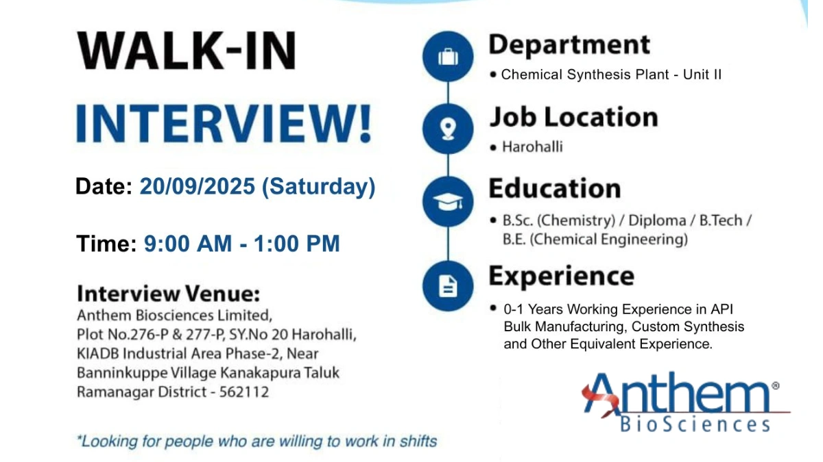 Anthem Biosciences Walk-in Interview 2025 – Freshers & Experienced in Chemistry (20th September)
