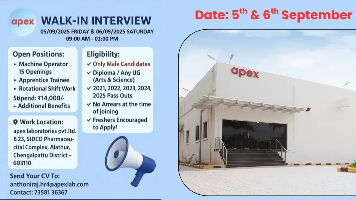 Apex Laboratories Pvt. Ltd. Walk-in Interview – Machine Operator & Apprentice Trainee