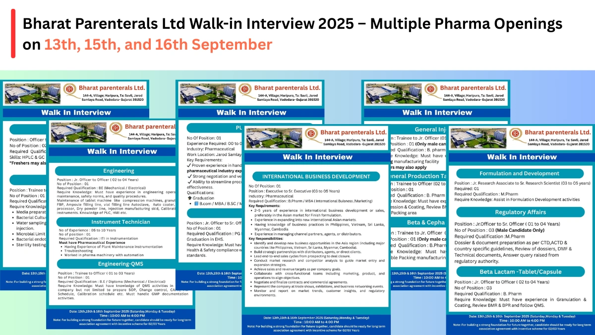 Bharat Parenterals Ltd Walk-in Interview 2025 – Multiple Pharma Openings on 13th, 15th, and 16th September