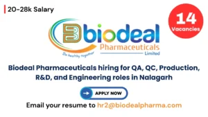 Biodeal Pharmaceuticals hiring for QA, QC, Production, R&D, and Engineering roles in Nalagarh