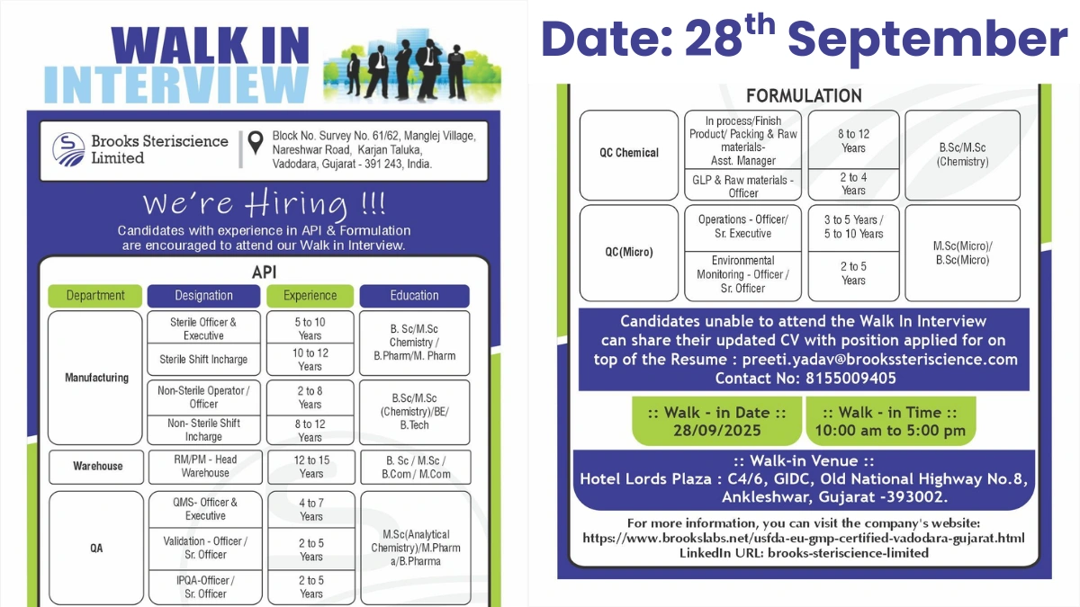 Brooks Steriscience Limited Walk-In Interview for API & Formulation Roles on 28th September