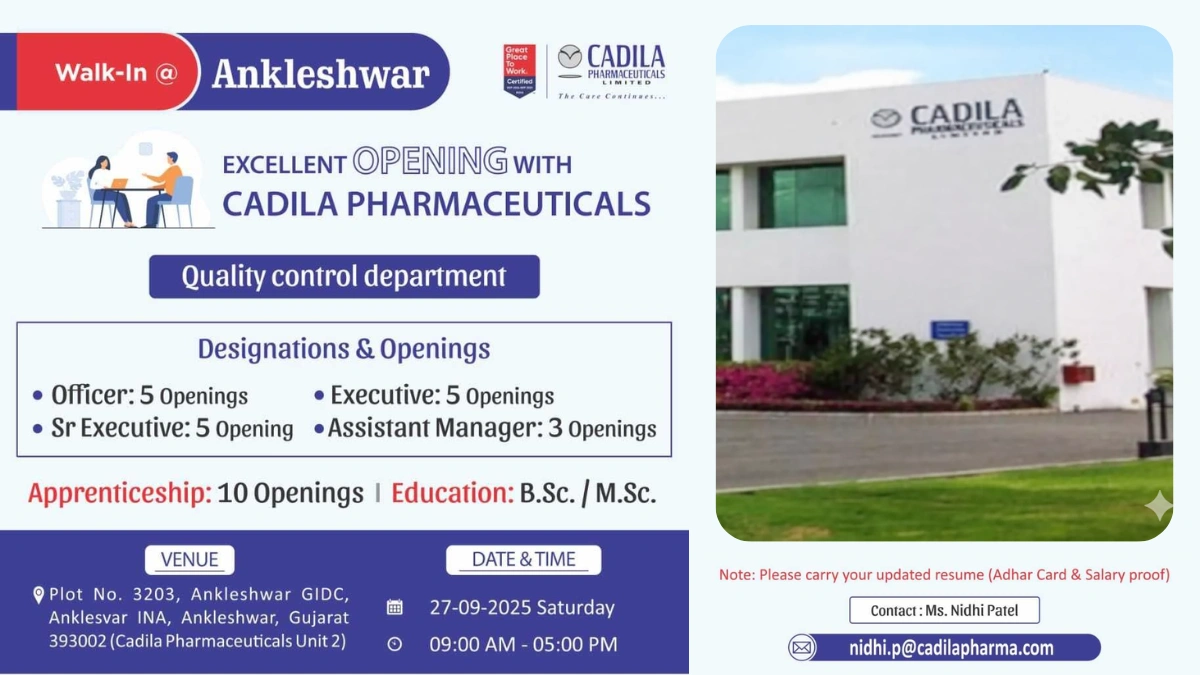 Cadila Pharmaceuticals Walk-In Interviews for Quality Control Roles on 27th September