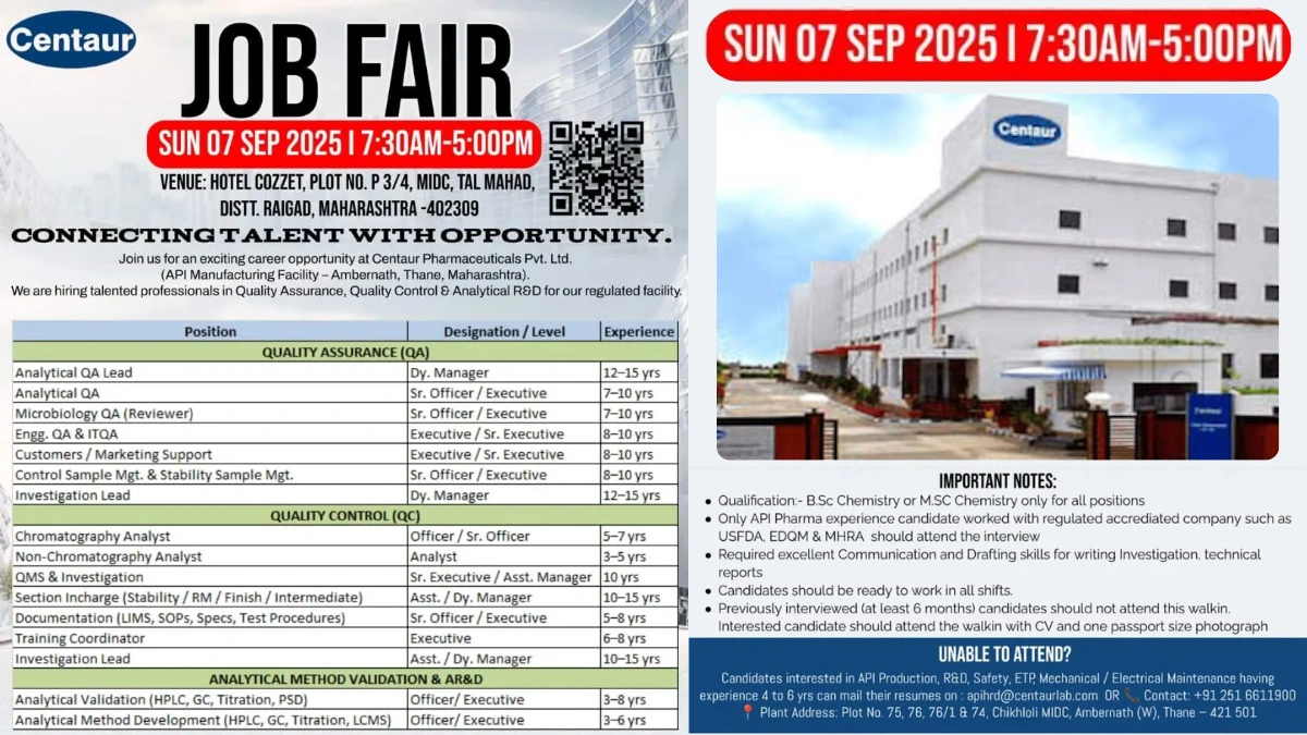 Centaur Pharmaceuticals Job Fair – Quality Assurance, Quality Control & Analytical R&D on 7th September