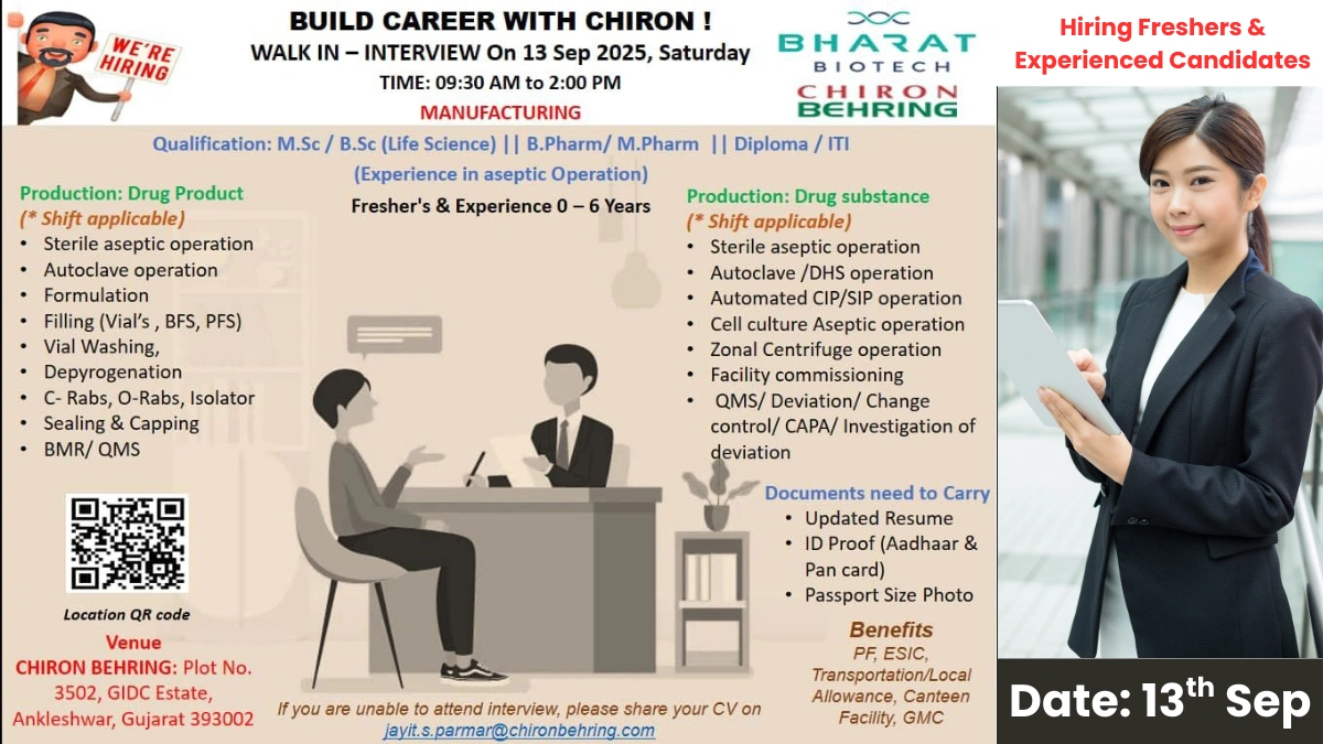 Chiron Behring (Bharat Biotech) Walk-In Interview – 13th September 2025