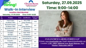 Cleanchem Laboratories Walk-in Interview for Freshers and Experienced Candidates on 27th September