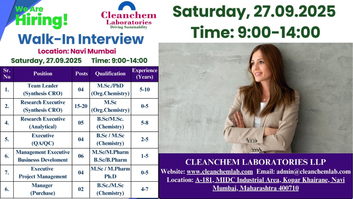 Cleanchem Laboratories Walk-in Interview for Freshers and Experienced Candidates on 27th September