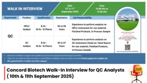 Concord Biotech Walk-In Interview for QC Analysts – 10th & 11th September 2025