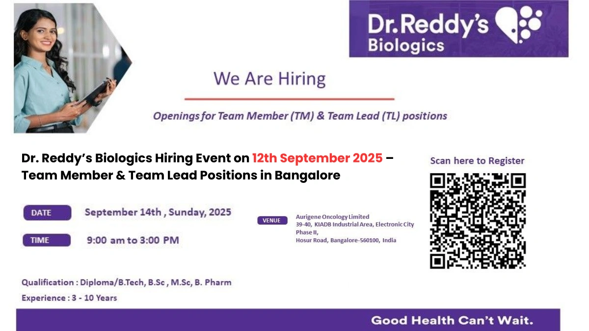 Dr. Reddy’s Biologics Hiring Event on 12th September 2025 – Team Member & Team Lead Positions in Bangalore