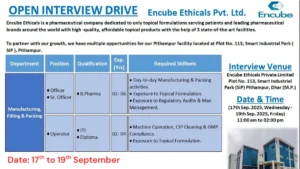 Encube Ethicals - Open Interview Drive for Pharma Jobs in Pithampur from 17th to 19th September