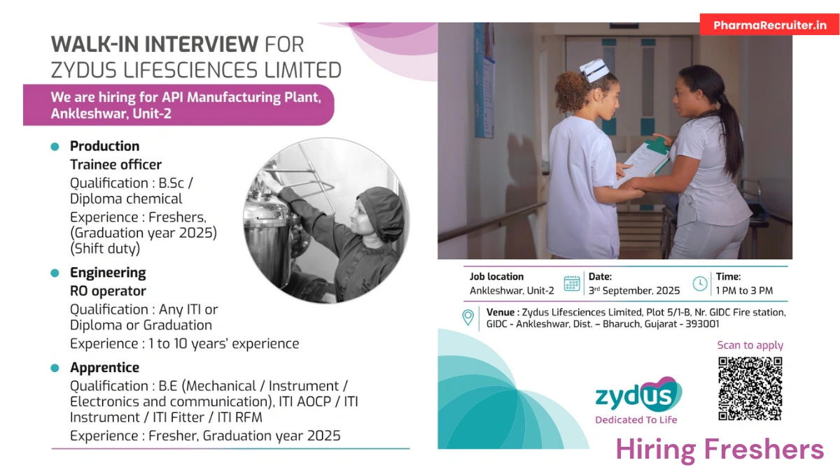 Fresher Jobs @ Zydus Lifesciences Walk-in Interview – API Manufacturing Plant Ankleshwar, 3rd September 2025