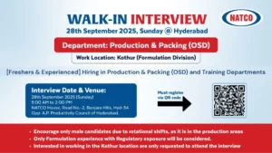 [Freshers & Experienced] Natco Pharma is Hiring in Production & Packing (OSD) and Training Departments