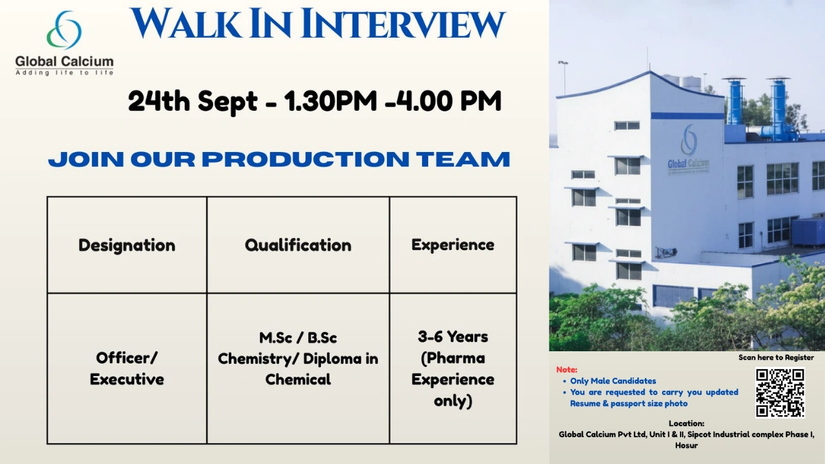 Global Calcium Pvt Ltd Walk-in Interview for Production Officer & Executive on 24th September