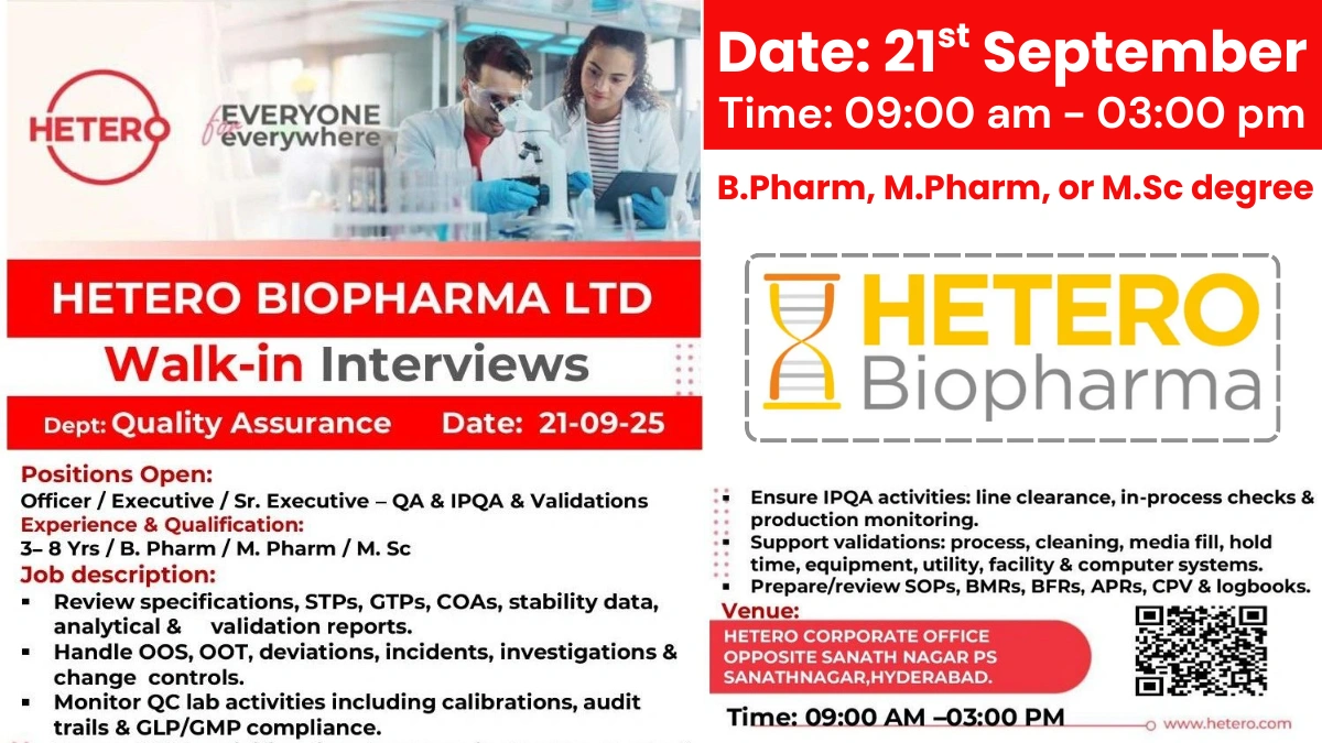 Hetero Biopharma Ltd Walk-in Interview for QA Jobs on 21st September
