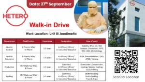 Hetero Labs Limited Walk-in Drive for Quality, Production, and Packing Roles on 27th September