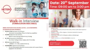 Hetero Labs Walk-In Interview for Injectable Formulation Roles on 20th September